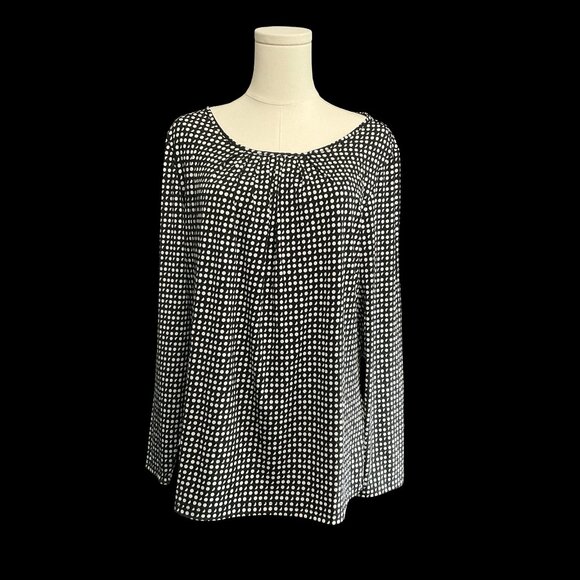 Black/White Long Sleeve Polka Dot Blouse w/ Pleated Neckline - Picture 1 of 3